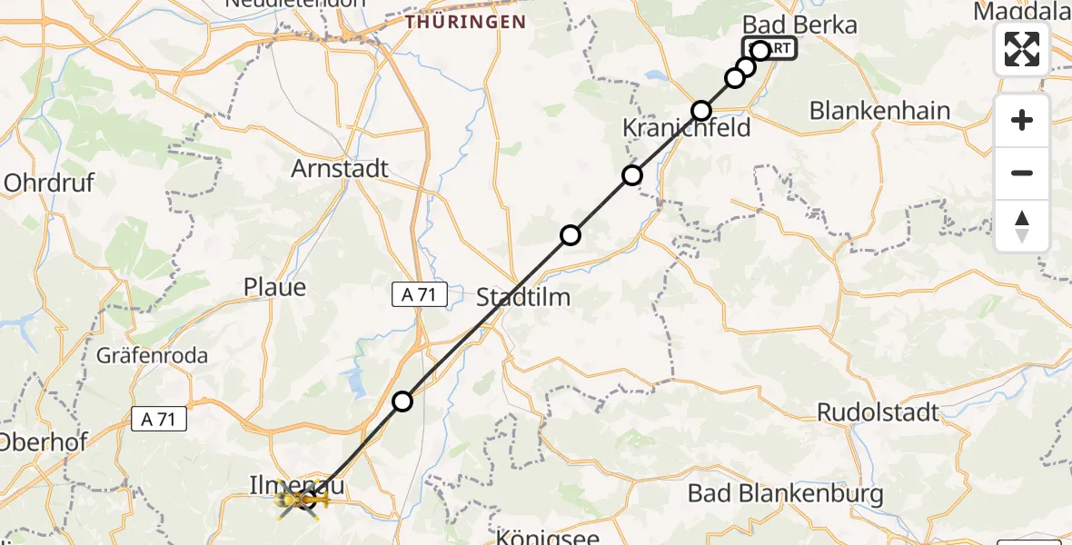 Flugroute Ambulanzhubschrauber Bad Berka Central Hospital - Ilm-Kreis-Kliniken Arnstadt-Ilmenau Hubschrauberlandeplatz, 03 Juli 2026, 15:25