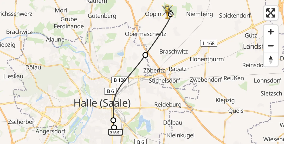 Flugroute Rettungshubschrauber BG Hospital Bergmannstrost Halle - Halle-Oppin Flugplatz, 03 Juli 2026, 15:26