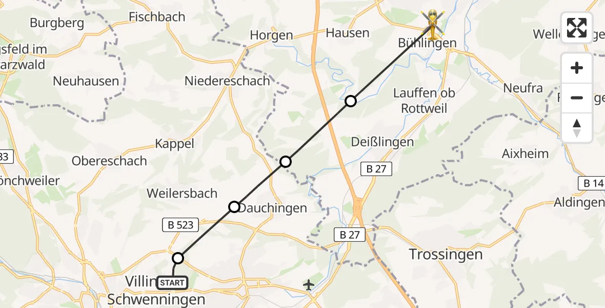 Flugroute Ambulanzhubschrauber DRF Air Rescue Station Villingen-Schwenningen Hubschrauberlandeplatz (Christoph 11) - Rottweil-Rottenmünster Hospital Hubschrauberlandeplatz, 03 Juli 2026, 15:30