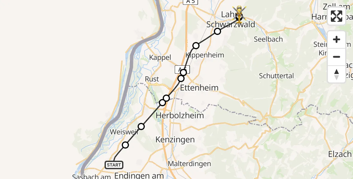 Flugroute Rettungshubschrauber Wyhl am Kaiserstuhl - Ortenau Hospital Lahr-Ettenheim, 03 Juli 2026, 15:30