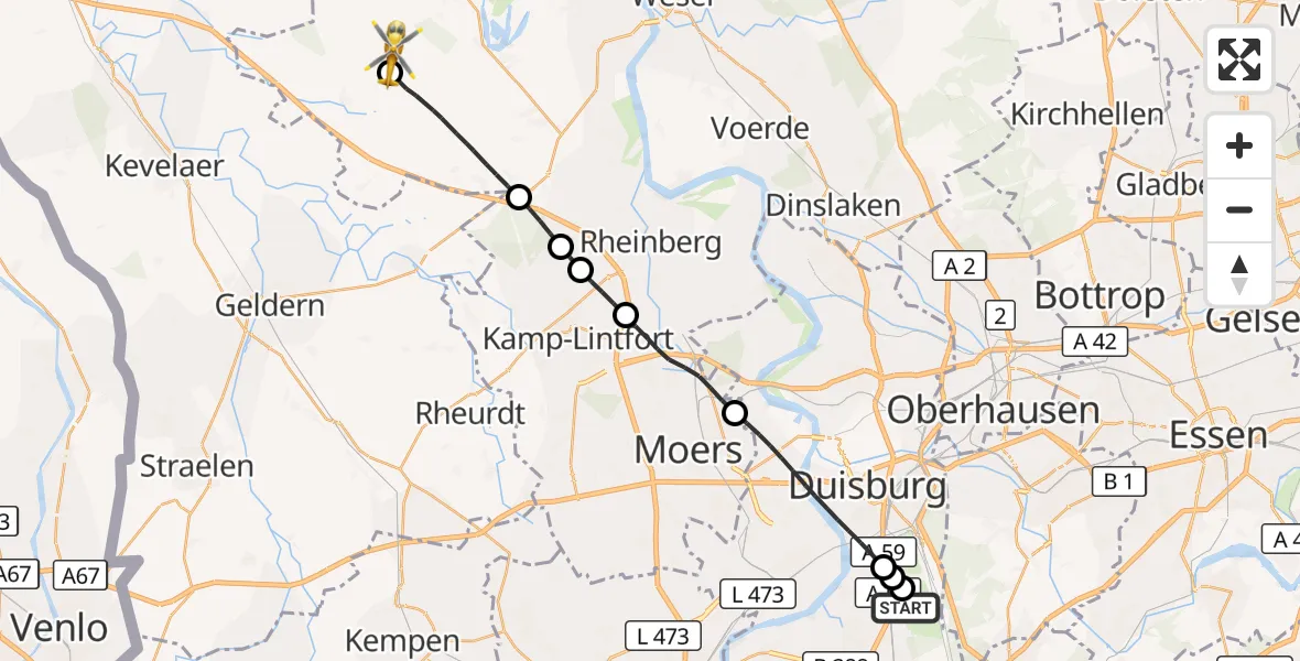 Flugroute Rettungshubschrauber Duisburg Air Rescue Hubschrauberlandeplatz (Christoph 9) - Sonsbeck, 03 Juli 2026, 15:32