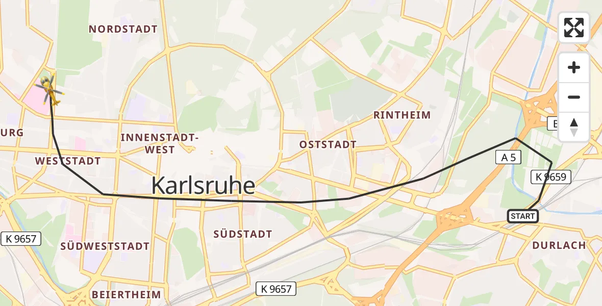 Flugroute Ambulanzhubschrauber Karlsruhe - Karlsruhe, 03 Juli 2026, 15:38