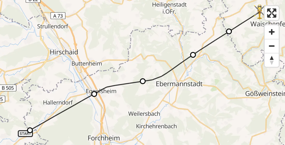 Flugroute Ambulanzhubschrauber Adelsdorf - Waischenfeld, 03 Juli 2026, 15:38