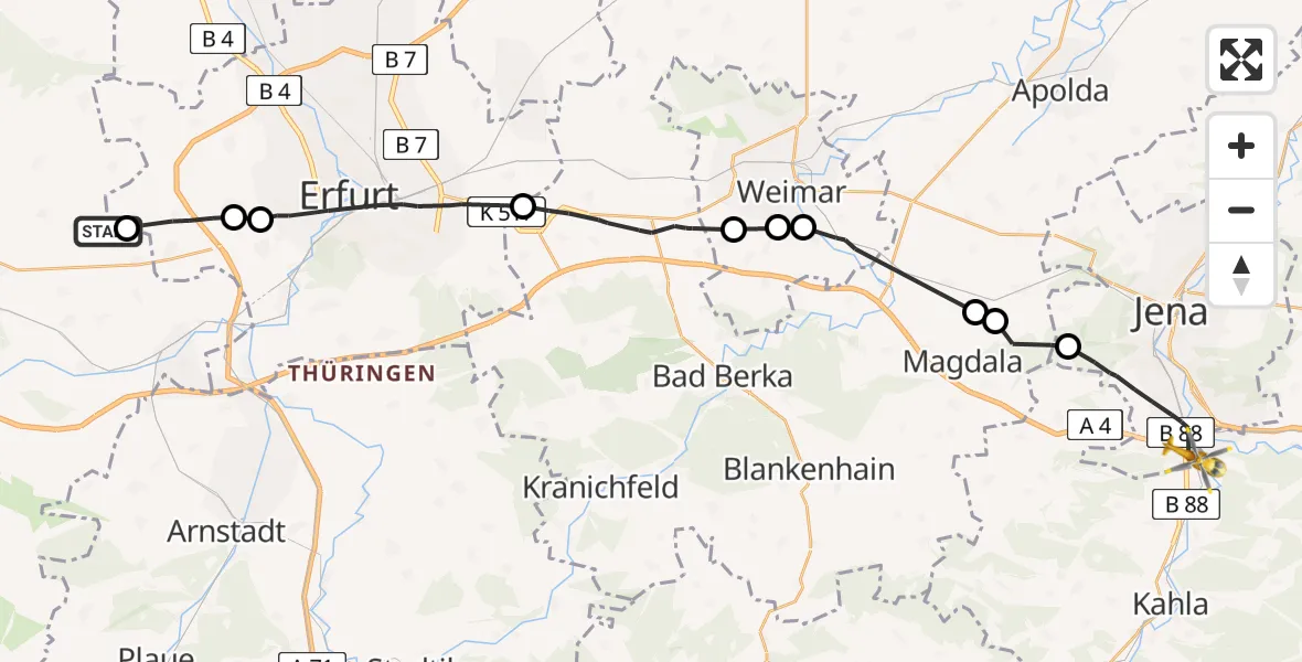 Flugroute Rettungshubschrauber Nesse-Apfelstädt - Jena, 03 Juli 2026, 15:39
