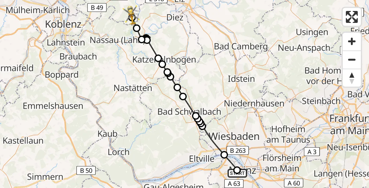 Flugroute Rettungshubschrauber Mainz University Hospital - Horbach, 03 Juli 2026, 15:41