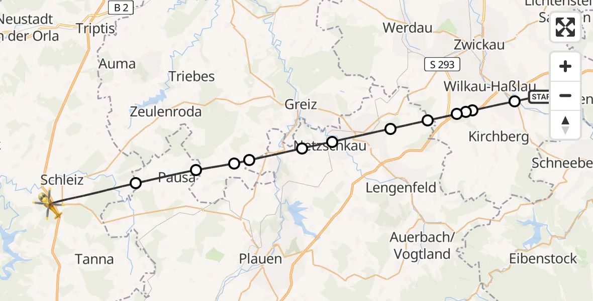Flugroute Rettungshubschrauber Wildenfels - Schleiz, 03 Juli 2026, 15:41