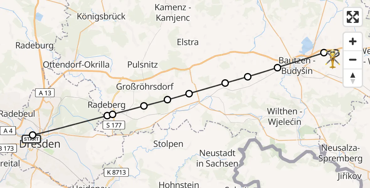 Flugroute Rettungshubschrauber Dresden Friedrichstadt Hospital - Bautzen Flugplatz, 03 Juli 2026, 15:46