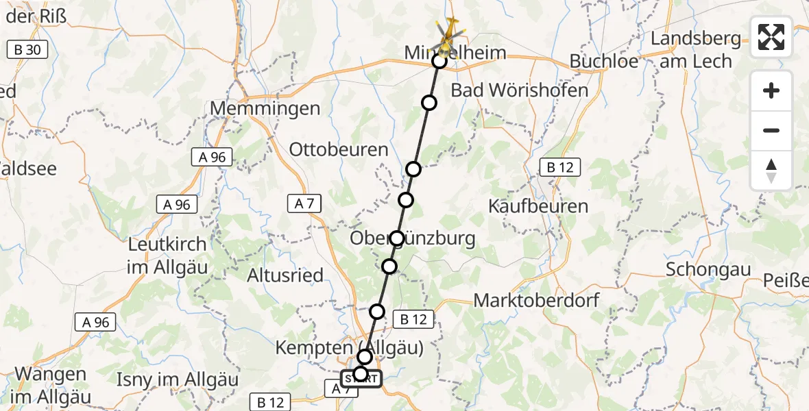 Flugroute Rettungshubschrauber Kempten-Durach Flugplatz - Mindelheim, 03 Juli 2026, 15:47