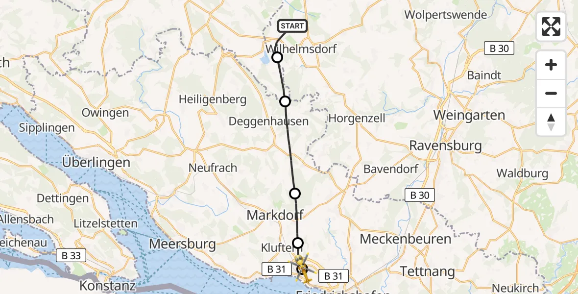 Flugroute Rettungshubschrauber Wilhelmsdorf - Friedrichshafen Hospital, 03 Juli 2026, 15:49
