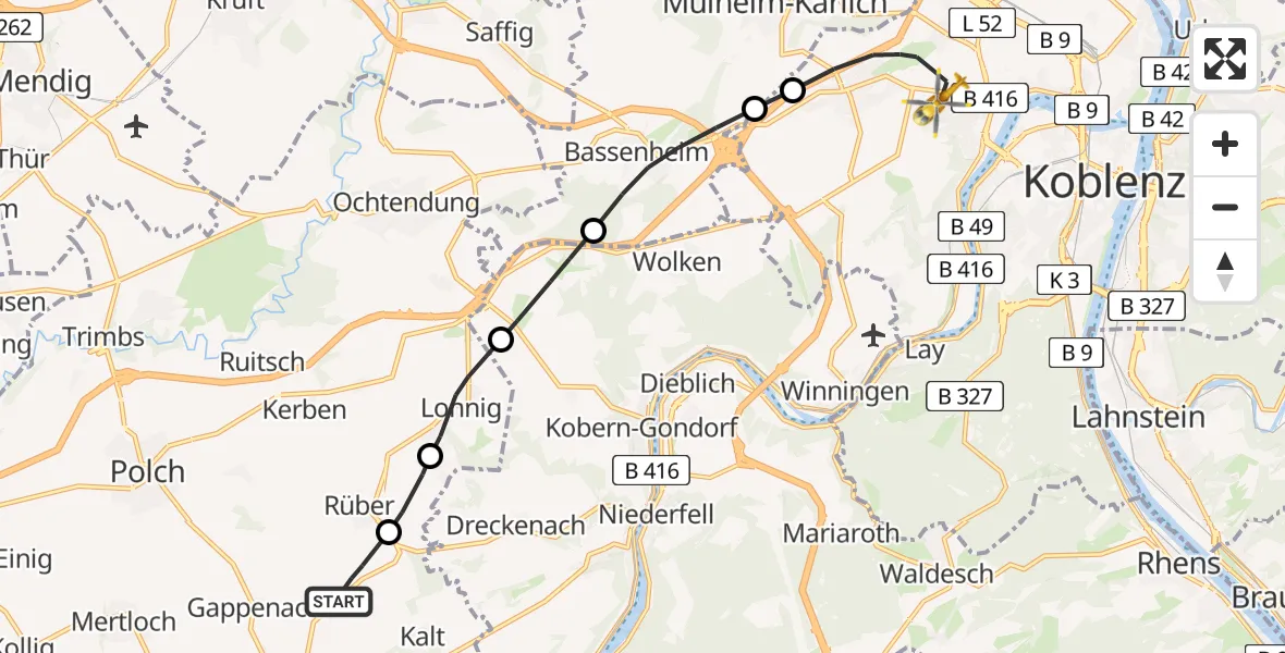 Flugroute Rettungshubschrauber Münstermaifeld - Koblenz, 03 Juli 2026, 15:52