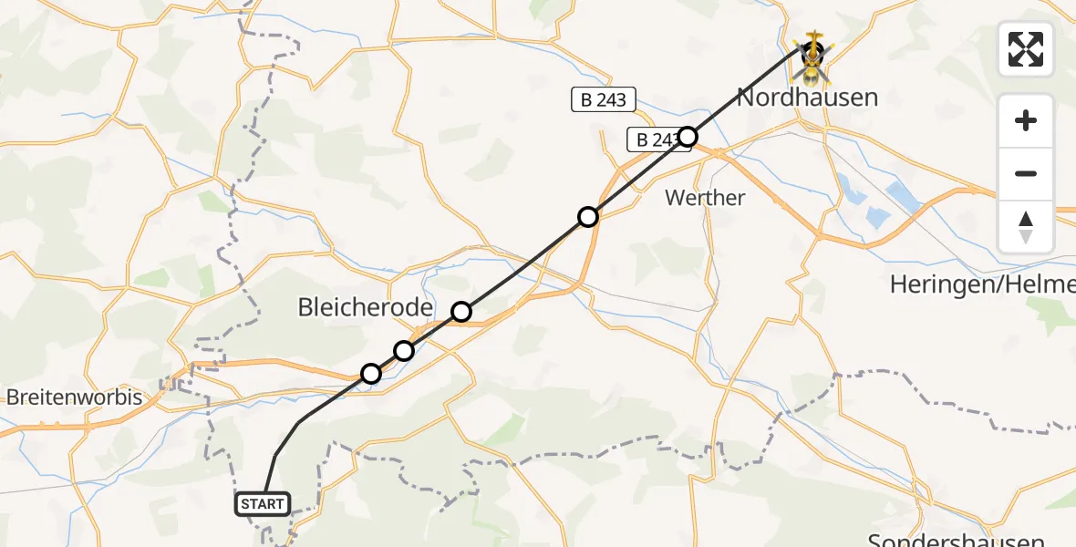 Flugroute Rettungshubschrauber Sollstedt - Südharz Hospital Nordhausen, 03 Juli 2026, 15:52