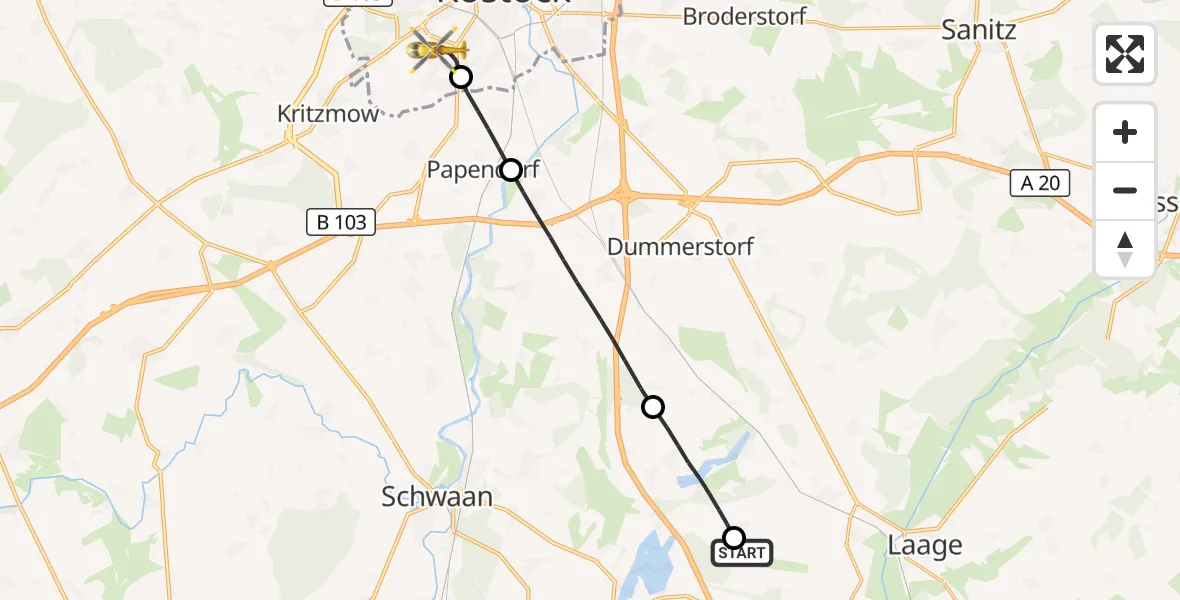Flugroute Rettungshubschrauber Flughafen Rostock-Laage - Rostock, 03 Juli 2026, 15:55