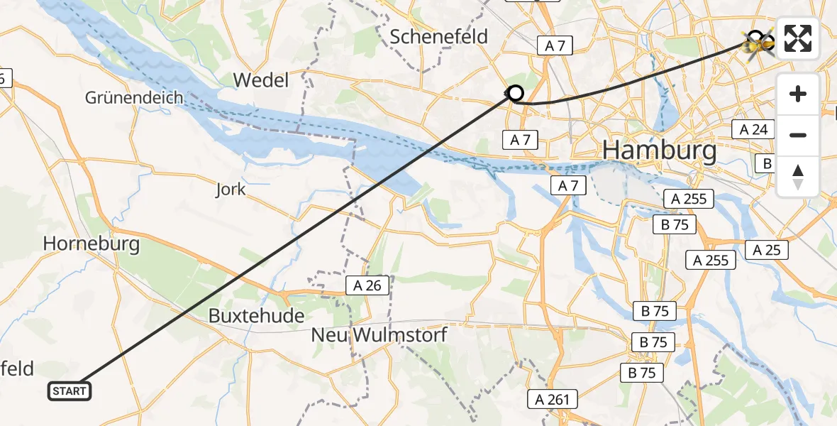 Flugroute Rettungshubschrauber Harsefeld - Hamburg Military Hospital, 03 Juli 2026, 15:56