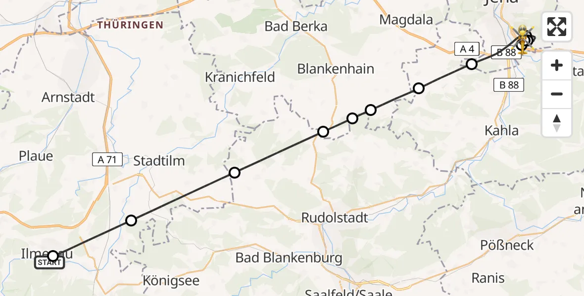 Flugroute Ambulanzhubschrauber Ilm-Kreis-Kliniken Arnstadt-Ilmenau Hubschrauberlandeplatz - Jena University Hospital, 03 Juli 2026, 16:04