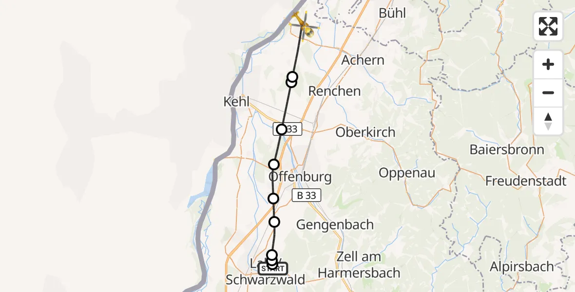 Flugroute Rettungshubschrauber Ortenau Hospital Lahr-Ettenheim - Rheinau, 03 Juli 2026, 16:11