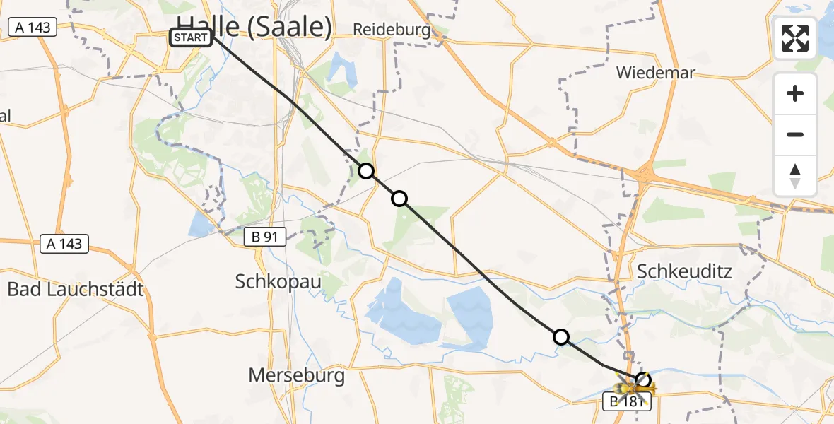 Flugroute Rettungshubschrauber Halle (Saale) - ADAC Air Rescue Station Leipzig/Schkeuditz-Dölzig Hubschrauberlandeplatz (Christoph 61), 03 Juli 2026, 16:14