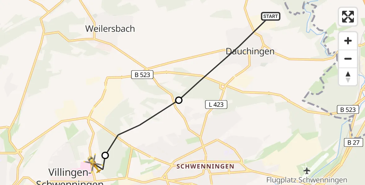 Flugroute Ambulanzhubschrauber Dauchingen - DRF Air Rescue Station Villingen-Schwenningen Hubschrauberlandeplatz (Christoph 11), 03 Juli 2026, 16:17