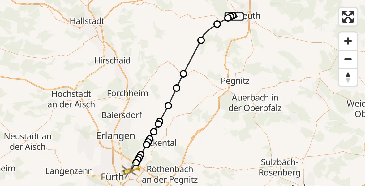 Flugroute Ambulanzhubschrauber Bayreuth Hospital - Flughafen Nuremberg, 03 Juli 2026, 16:22