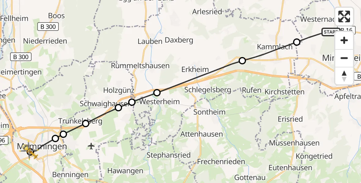 Flugroute Rettungshubschrauber Mindelheim - Memmingen Hospital, 03 Juli 2026, 16:22