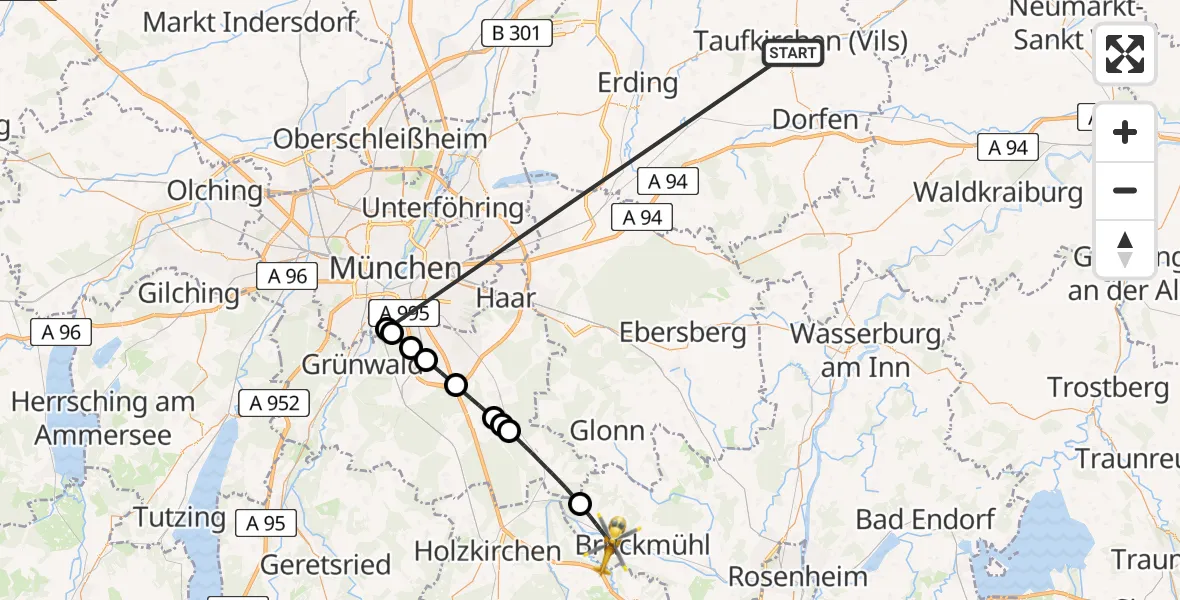 Flugroute Rettungshubschrauber Taufkirchen (Vils) - Feldkirchen-Westerham, 03 Juli 2026, 16:34