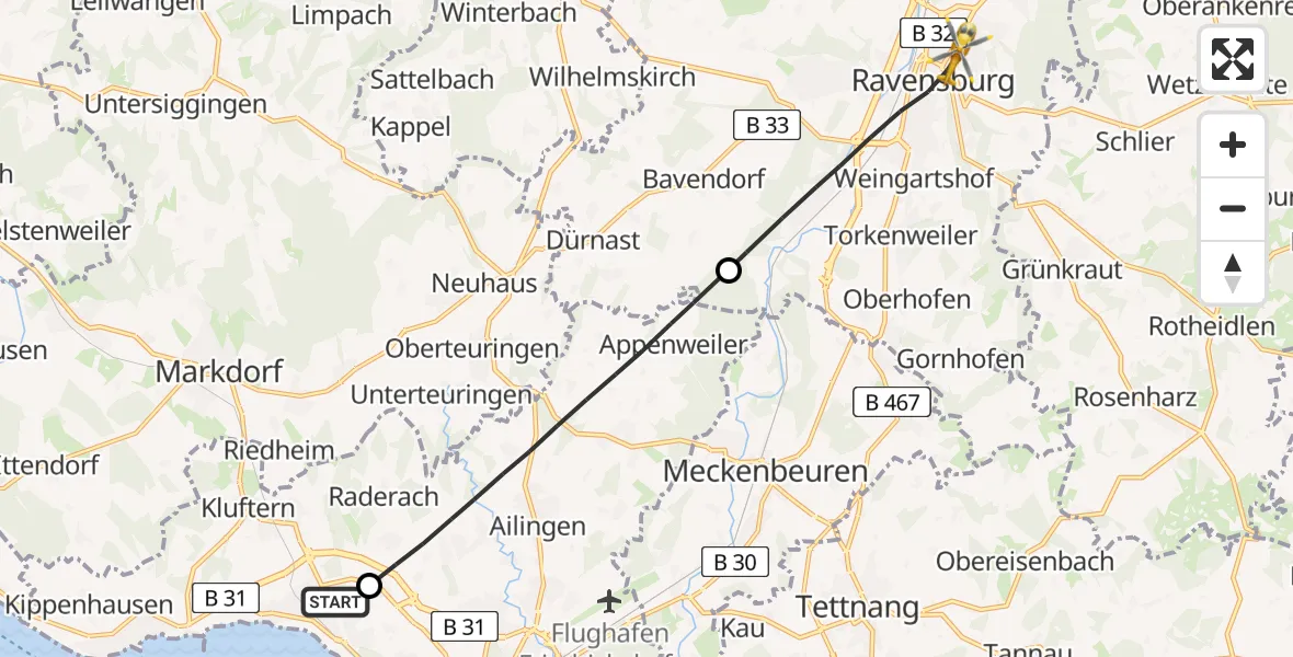 Flugroute Rettungshubschrauber Friedrichshafen Hospital - Sankt Elisabeth Hospital, 03 Juli 2026, 16:35