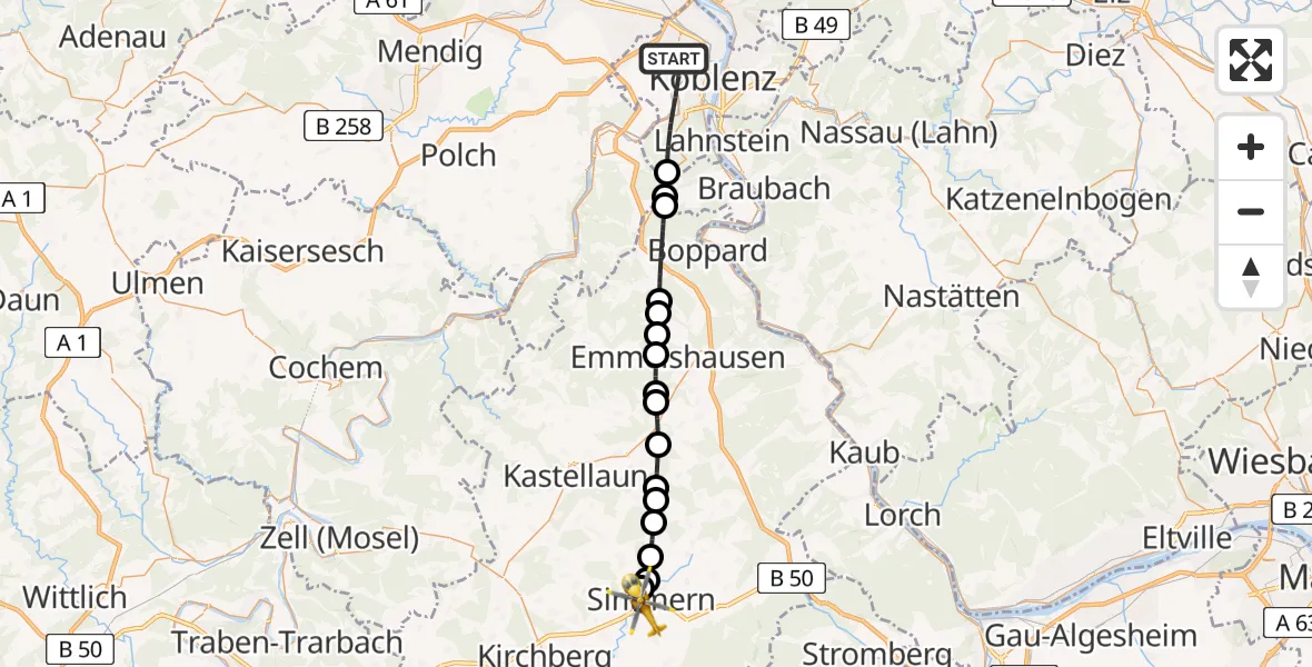 Flugroute Rettungshubschrauber Koblenz - Simmern/Hunsrück, 03 Juli 2026, 16:40