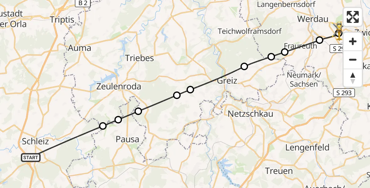 Flugroute Rettungshubschrauber Schleiz - ADAC Air Rescue Station Zwickau Hubschrauberlandeplatz, 03 Juli 2026, 16:41