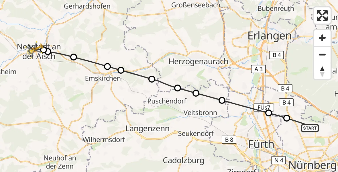 Flugroute Ambulanzhubschrauber Flughafen Nuremberg - Neustadt a.d.Aisch, 03 Juli 2026, 16:45