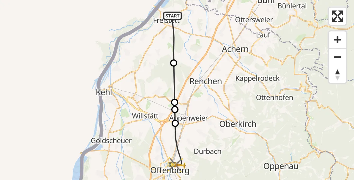 Flugroute Rettungshubschrauber Rheinau - Offenburg, 03 Juli 2026, 16:45