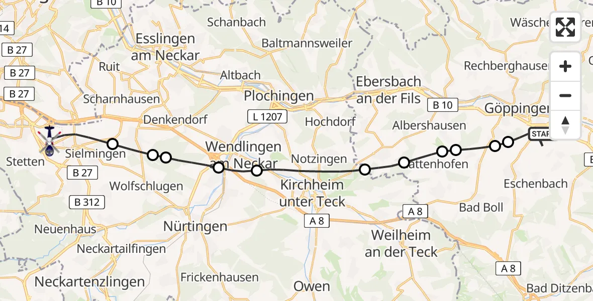 Flugroute Polizeihubschrauber Göppingen - Flughafen Stuttgart, 03 Juli 2026, 16:54