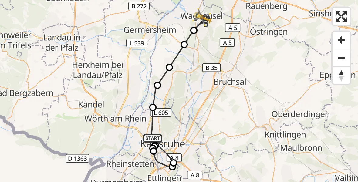 Flugroute Ambulanzhubschrauber Karlsruhe - Waghäusel, 03 Juli 2026, 16:59