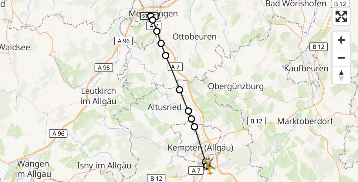 Flugroute Rettungshubschrauber Memmingen Hospital - Kempten-Durach Flugplatz, 03 Juli 2026, 17:02