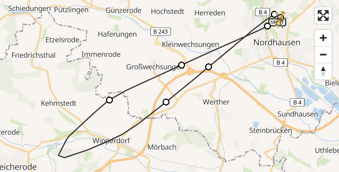Flugroute Rettungshubschrauber Südharz Hospital Nordhausen - Südharz Hospital Nordhausen, 03 Juli 2026, 17:03