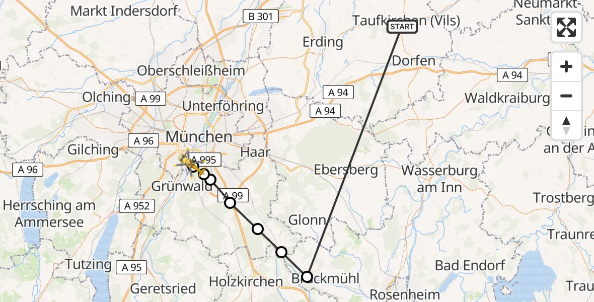 Flugroute Rettungshubschrauber Taufkirchen (Vils) - ADAC Air Rescue Center Hubschrauberlandeplatz (Christoph 1), 03 Juli 2026, 17:03