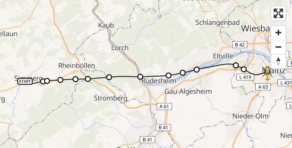 Flugroute Rettungshubschrauber Simmern/Hunsrück - Mainz University Hospital, 03 Juli 2026, 17:07