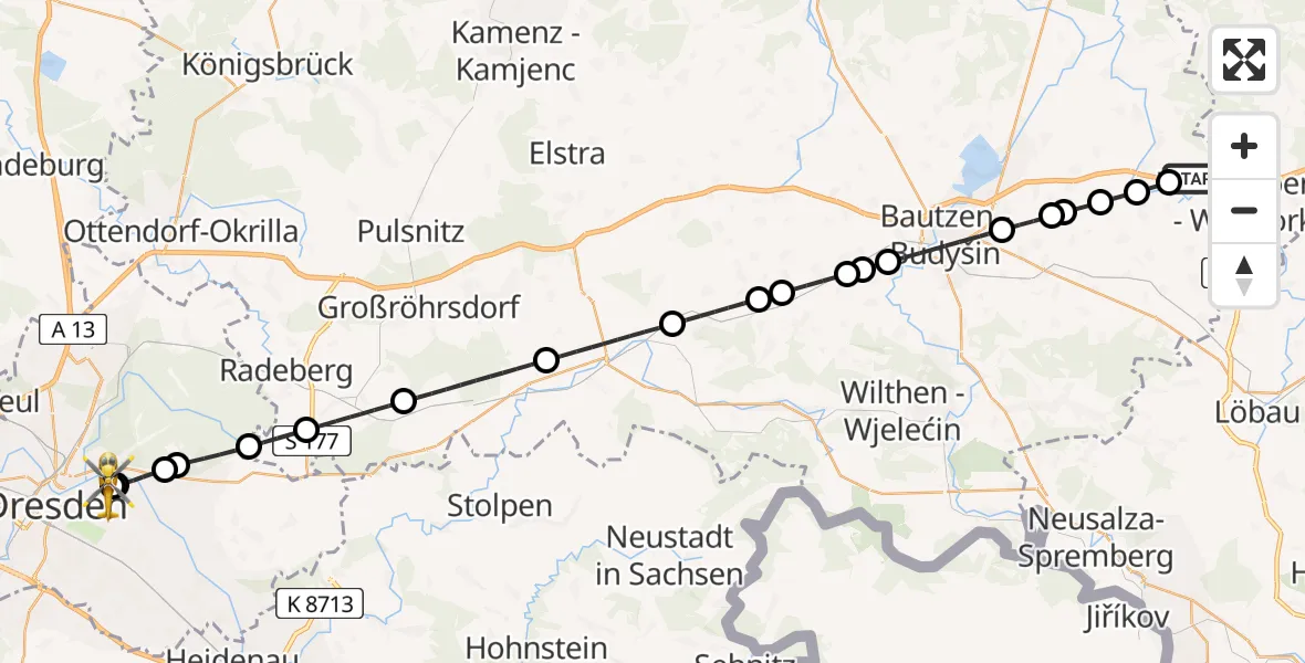 Flugroute Rettungshubschrauber Weißenberg - Dresden University Hospital, 03 Juli 2026, 17:08