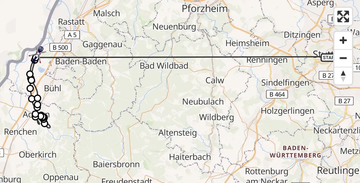 Flugroute Polizeihubschrauber Stuttgart - Karlsruhe Baden-Baden Flughafen, 03 Juli 2026, 17:09