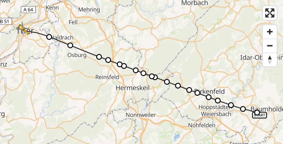 Flugroute Rettungshubschrauber Baumholder - Trier, 03 Juli 2026, 17:20