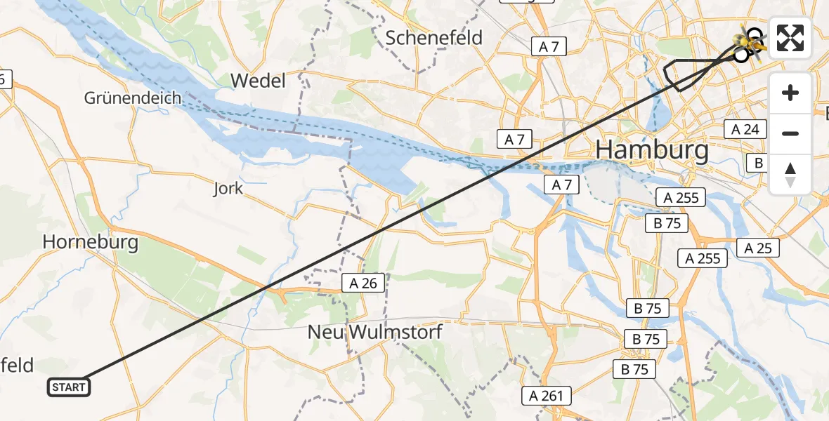 Flugroute Rettungshubschrauber Harsefeld - Hamburg Military Hospital, 03 Juli 2026, 17:37