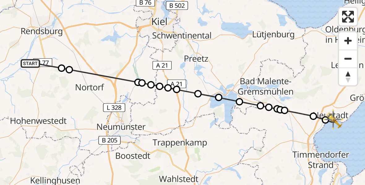Flugroute Ambulanzhubschrauber Jevenstedt - Neustadt in Holstein, 03 Juli 2026, 17:41