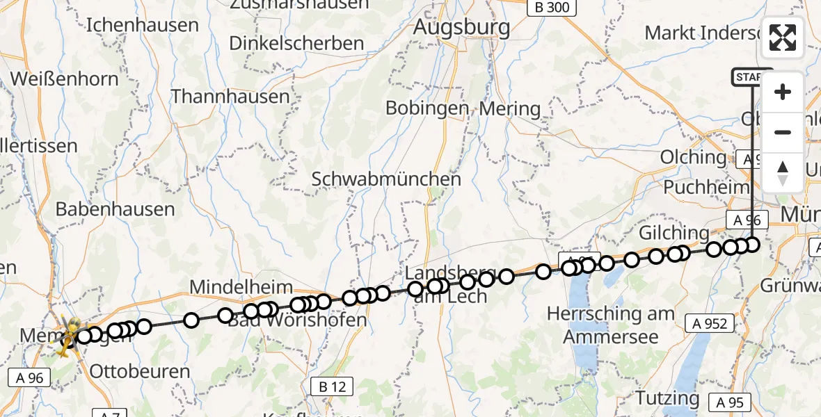 Flugroute Rettungshubschrauber Röhrmoos - Memmingen Hospital, 03 Juli 2026, 17:48