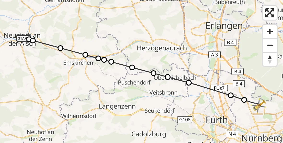 Flugroute Ambulanzhubschrauber Neustadt a.d.Aisch - Flughafen Nuremberg, 03 Juli 2026, 17:48