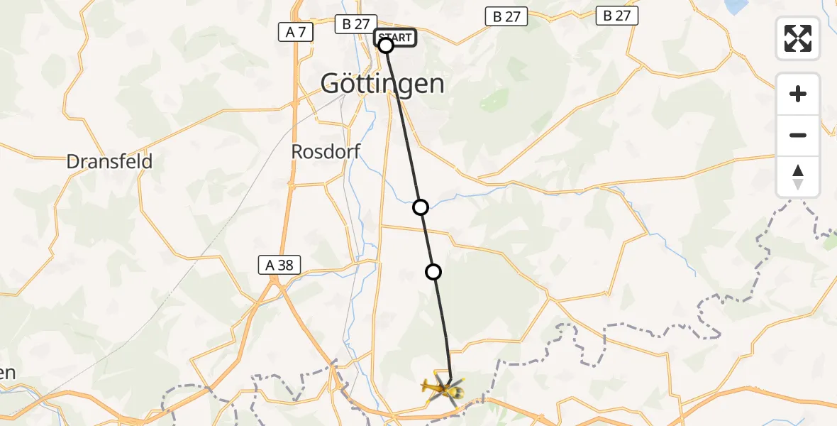Flugroute Rettungshubschrauber Göttingen University Clinic Hubschrauberlandeplatz - Friedland, 03 Juli 2026, 17:48