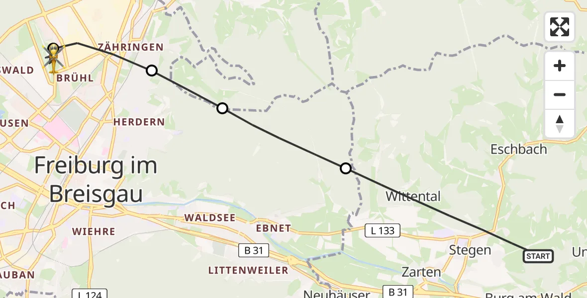 Flugroute Rettungshubschrauber Stegen - Freiburg im Breisgau Flugplatz, 03 Juli 2026, 17:49