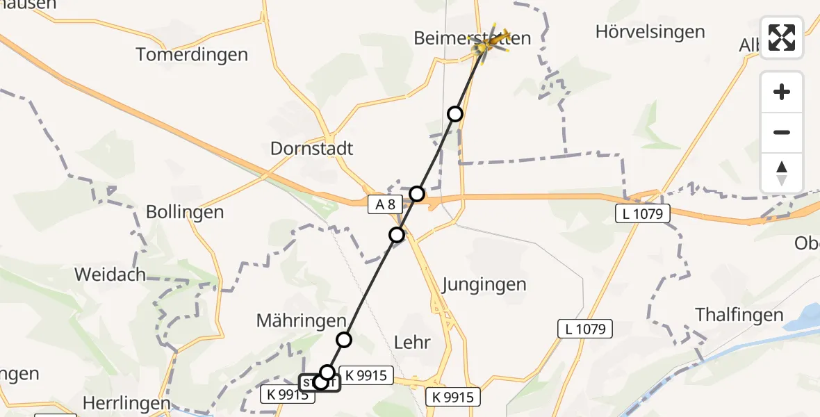 Flugroute Rettungshubschrauber Ulm Military Hospital Emergency - Beimerstetten, 03 Juli 2026, 17:50