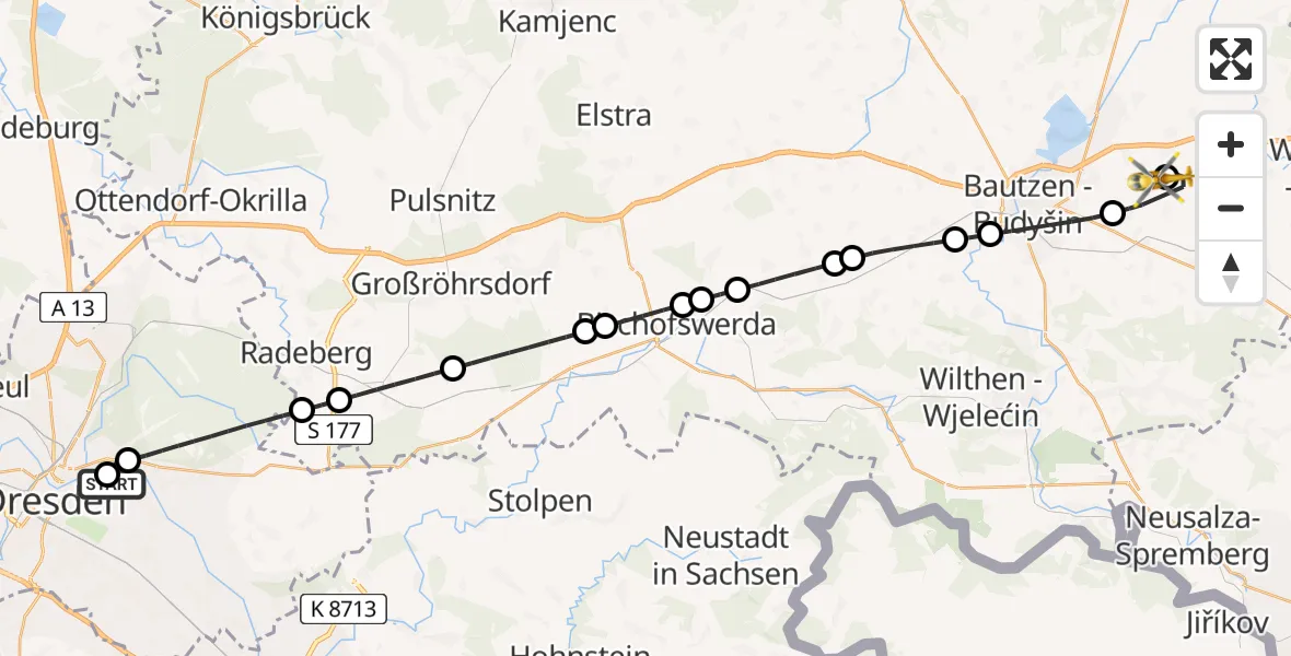 Flugroute Rettungshubschrauber Dresden University Hospital - Bautzen Flugplatz, 03 Juli 2026, 17:53