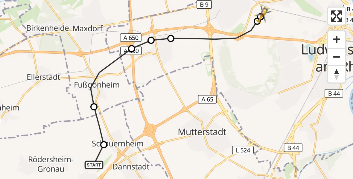 Flugroute Rettungshubschrauber Hochdorf-Assenheim - Ludwigshafen Accident Hospital, 03 Juli 2026, 17:54