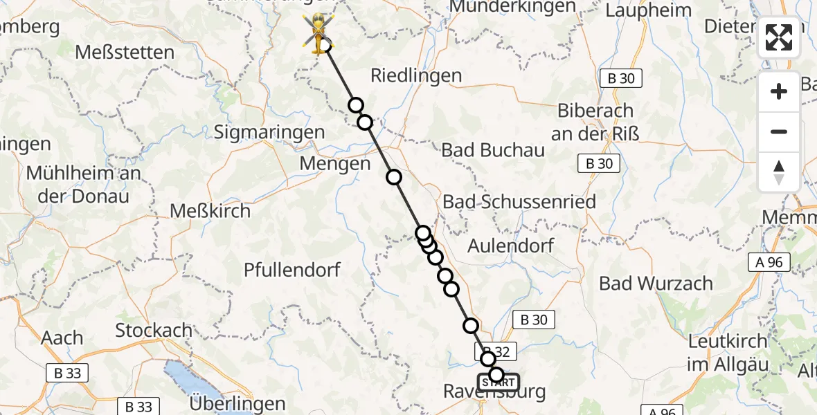 Flugroute Rettungshubschrauber Ravensburg - Hettingen, 03 Juli 2026, 17:56