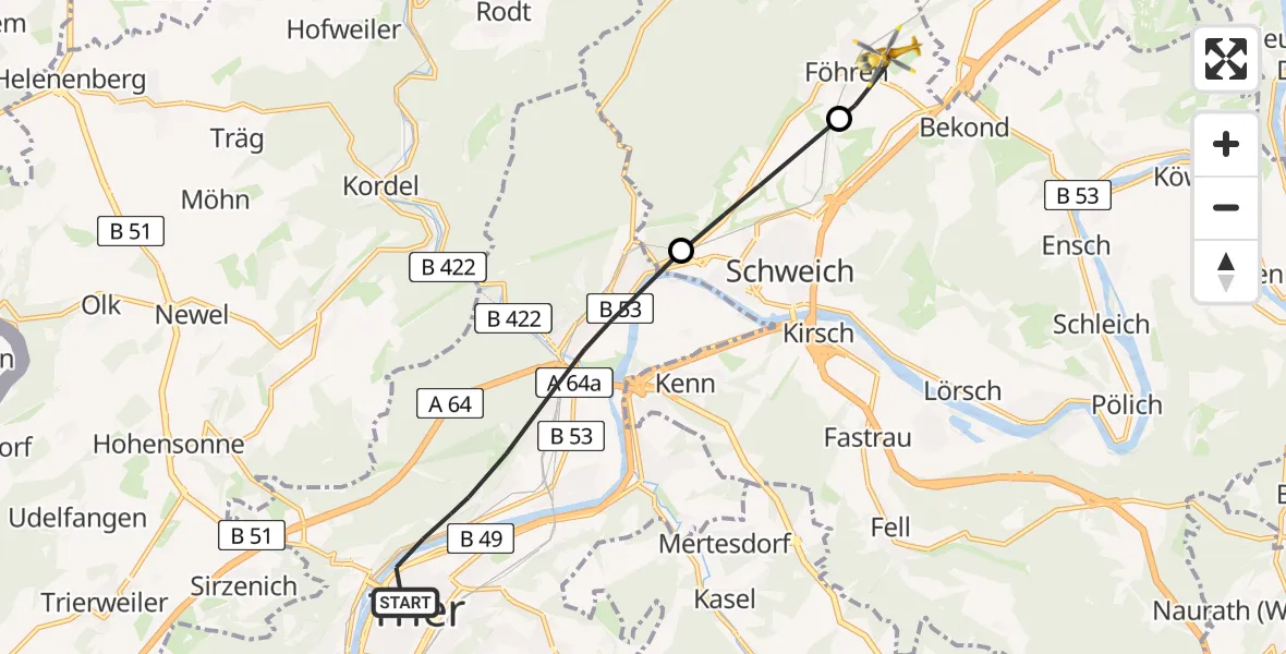 Flugroute Rettungshubschrauber Trier - Föhren, 03 Juli 2026, 17:59
