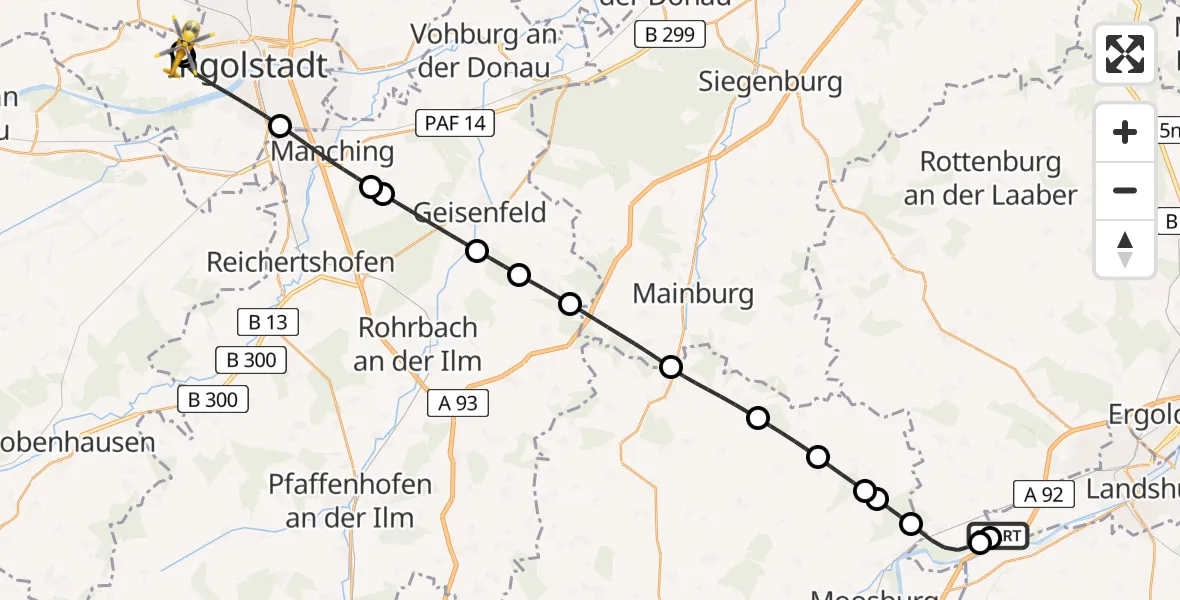 Flugroute Rettungshubschrauber Landshut Flugplatz - Ingolstadt Hospital, 03 Juli 2026, 17:59